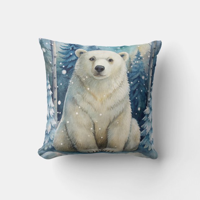 A Polar Bear in Winter Throw Pillow (Front)