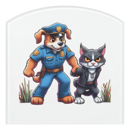 a police dog and a mean cat _ humor door sign