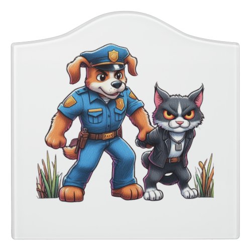 a police dog and a mean cat _ humor door sign