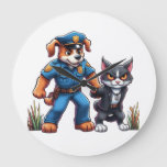 a police dog and a mean cat - humor large clock