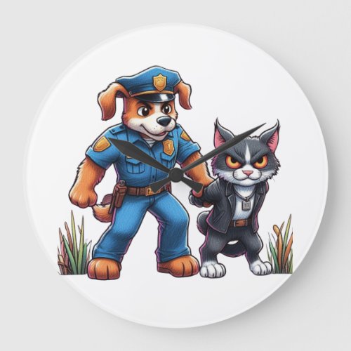 a police dog and a mean cat _ humor large clock