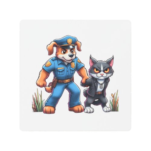 a police dog and a mean cat _ humor metal print