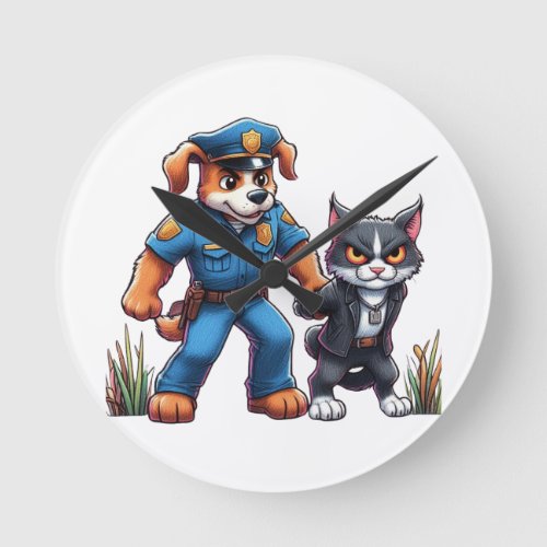 a police dog and a mean cat _ humor round clock