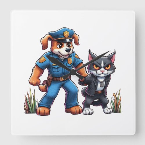 a police dog and a mean cat _ humor square wall clock