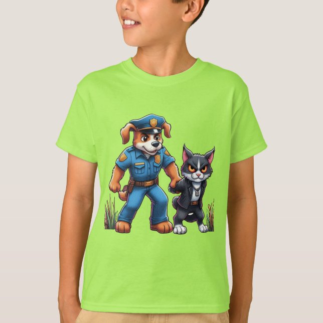 a police dog and a mean cat - humor T-Shirt (Front)