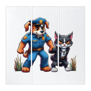 a police dog and a mean cat - humor triptych