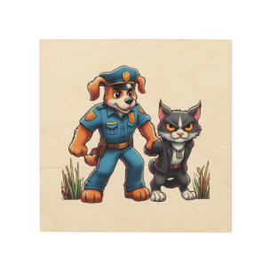 a police dog and a mean cat - humor wood wall art