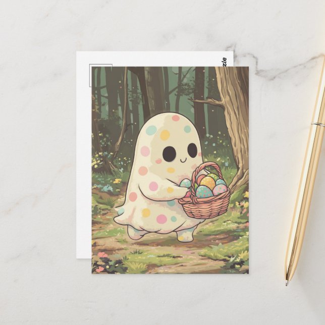 A Polka Dot Ghost With a Basket of Eggs Postcard (Front/Back In Situ)