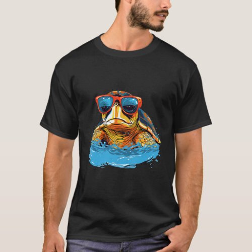 A Pop Art Drawing Of A Sea Turtle With Sunglasses  T_Shirt