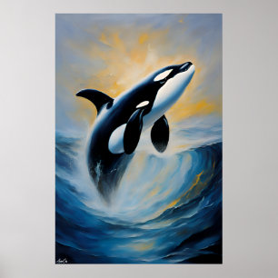 A poster of an Orca in oil painting style