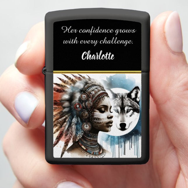 A powerful portrait of a native warrior and wolf zippo lighter (In Hand)