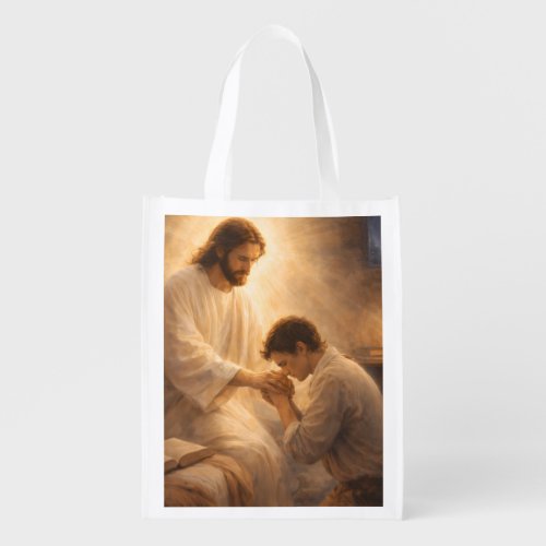 A Prayer on His Knees with Jesus Grocery Bag