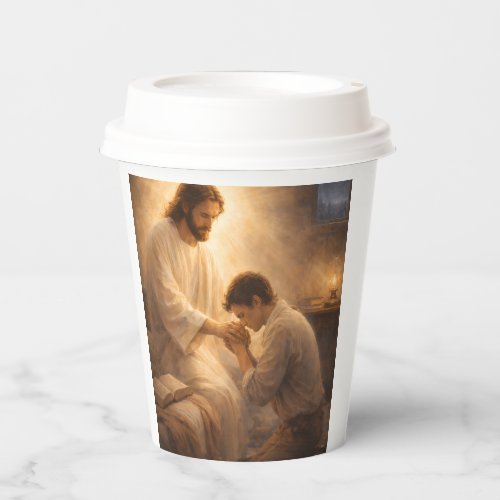 A Prayer on His Knees with Jesus Paper Cups
