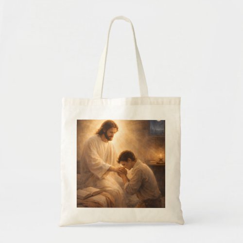 A Prayer on His Knees with Jesus Tote Bag