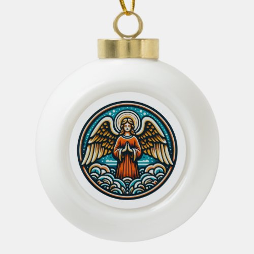 A praying guardian angel ceramic ball christmas ornament