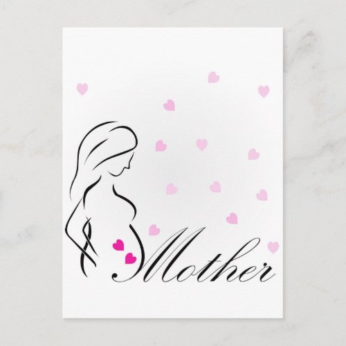 A pregnant mother_to_be with miniature pink hearts announcement postcard