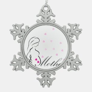 A pregnant mother-to-be with miniature pink hearts snowflake pewter christmas ornament