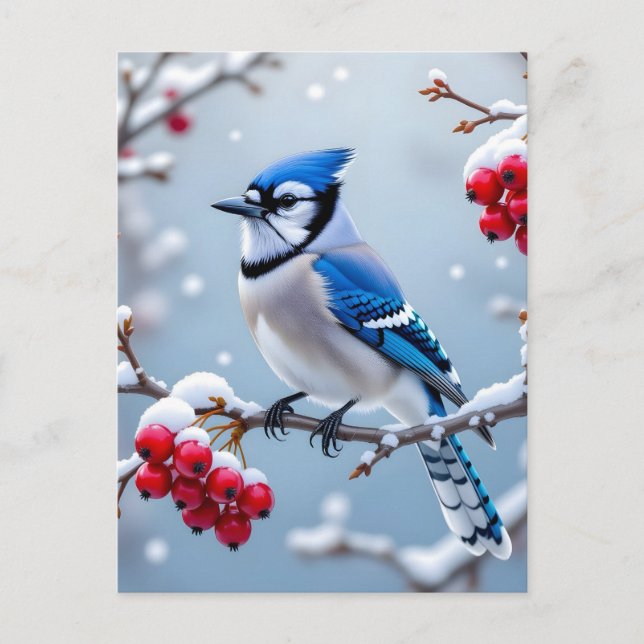 A Pretty Blue Jay on a Snowy Branch Christmas Holiday Postcard (Front)
