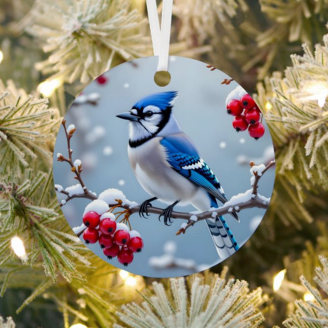 A Pretty Blue Jay | Personalized Christmas Metal Ornament (Insitu)