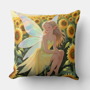 A Pretty Fairy with Sunflowers Throw Pillow