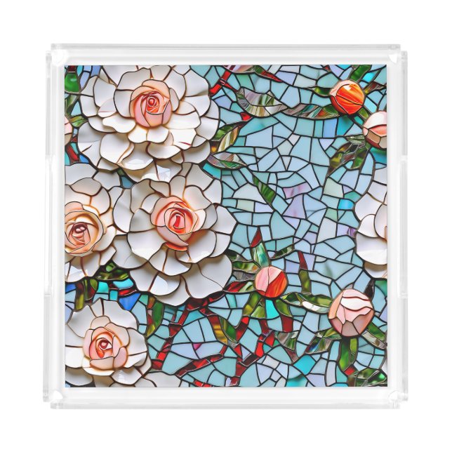 A Pretty Faux Mosaic Floral Pattern Acrylic Tray (Front)