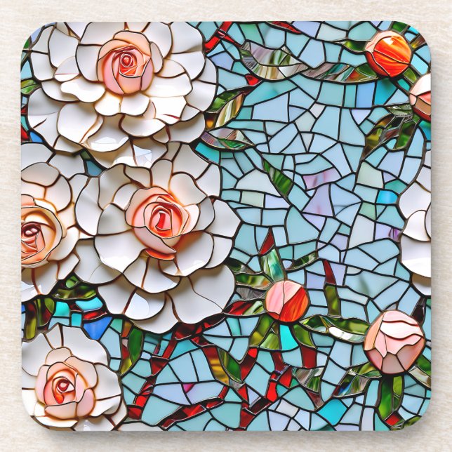 A Pretty Faux Mosaic Floral Pattern Beverage Coaster (Front)