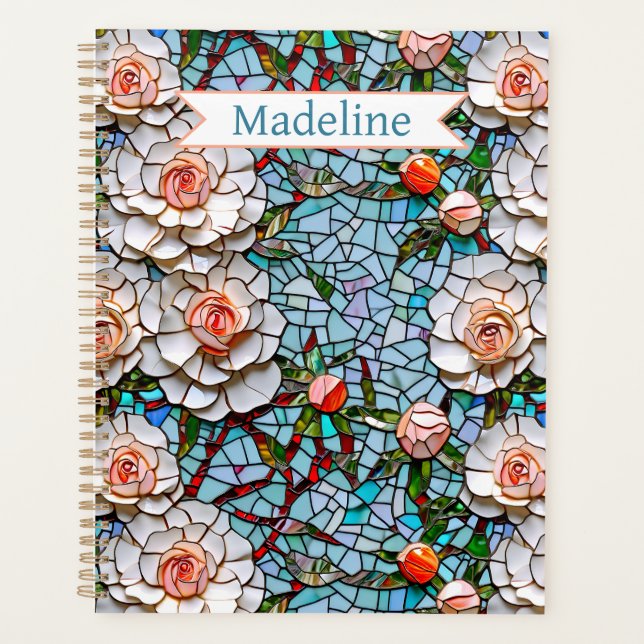A Pretty Faux Mosaic Floral Pattern Personalized Planner (Front)