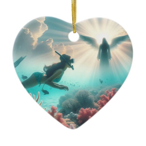 A pretty gal finds an angel while snorkeling ceramic ornament