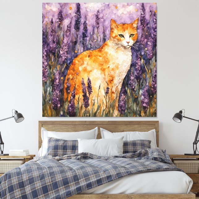 A pretty ginger cat in a lavender field  canvas print (Insitu(Bedroom))