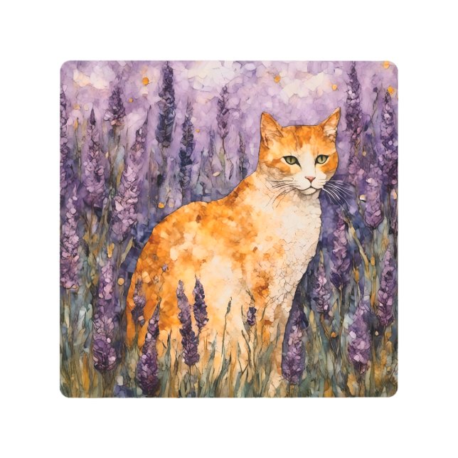 A pretty ginger cat in a lavender field  metal print (Front)