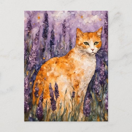 A pretty ginger cat in a lavender field postcard