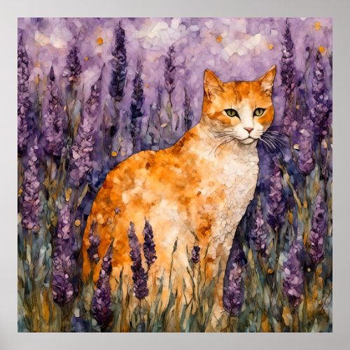 A pretty ginger cat in a lavender field poster