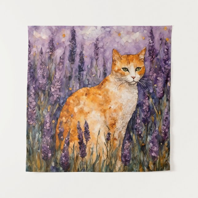 A pretty ginger cat in a lavender field  tapestry (Front)
