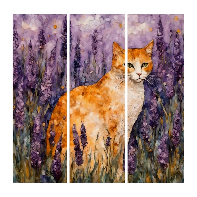 A pretty ginger cat in a lavender field  triptych (Front)