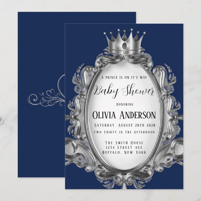 A Prince Is On It's Way Navy Silver Baby Shower Invitation (Front/Back)