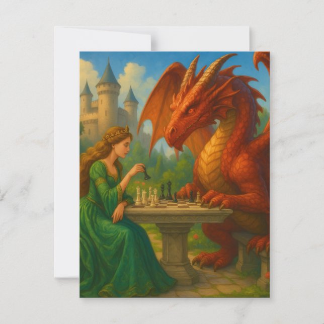 A princess playing chess with a dragon fantasy art note card (Front)