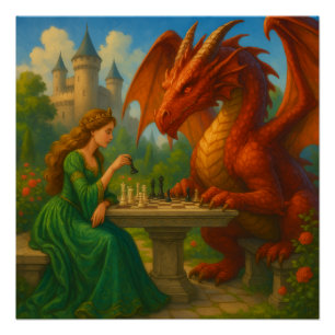 A princess playing chess with a dragon fantasy art poster
