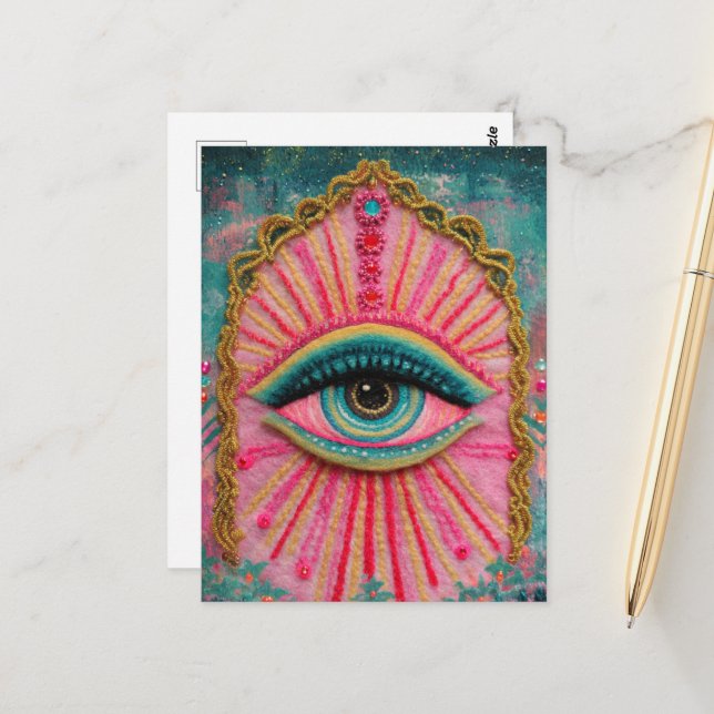 A Protective Evil Eye Felted Look Postcard (Front/Back In Situ)