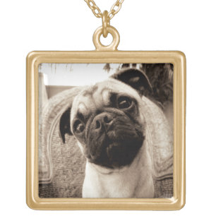 A Pug with its Head Titled to the Side Gold Plated Necklace
