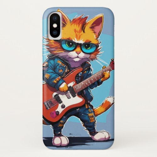 A punk cat playing electric guitar iPhone X Case