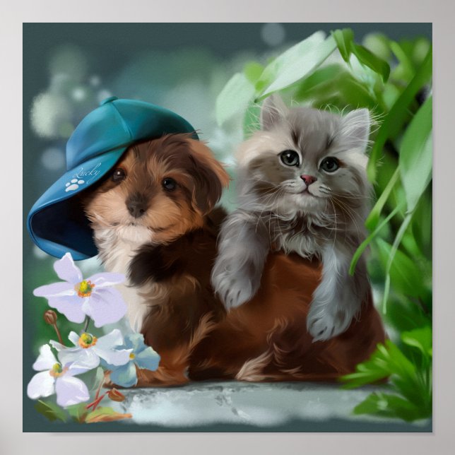 A puppy and a gray kitten poster (Front)