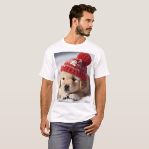 a puppy wearing a red hat with a snowman on it T-Shirt