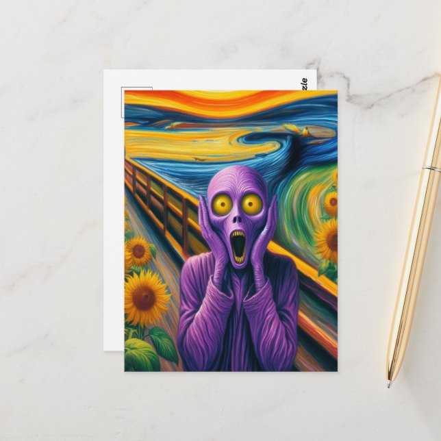 A Purple Alien Screaming in the Sunflowers Postcard (Front/Back In Situ)