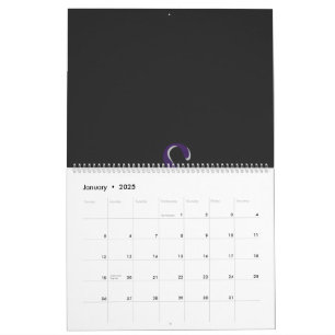 a purple and green peacock feather on a black back calendar