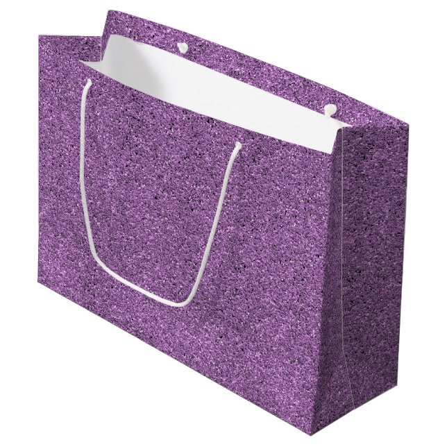 A purple glitter gift bag with a white handle (Front Angled)