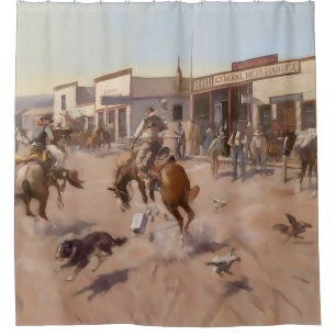 “A Quiet Day in Utica” by Charles M Russell Shower Curtain