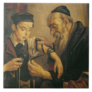 A Rabbi tying the Phylacteries to the arm of a boy Ceramic Tile