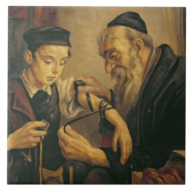 A Rabbi tying the Phylacteries to the arm of a boy Ceramic Tile (Front)