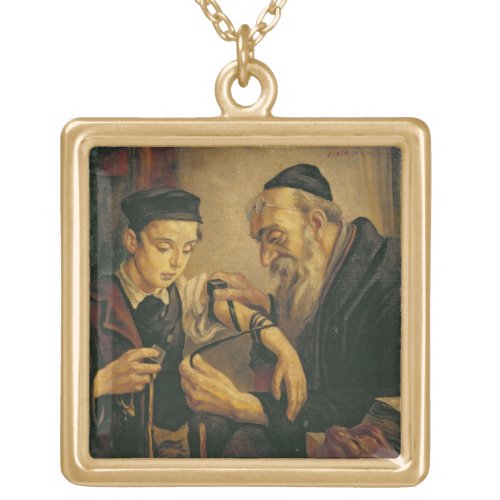 A Rabbi tying the Phylacteries to the arm of a boy Gold Plated Necklace