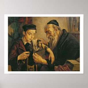 A Rabbi tying the Phylacteries to the arm of a boy Poster